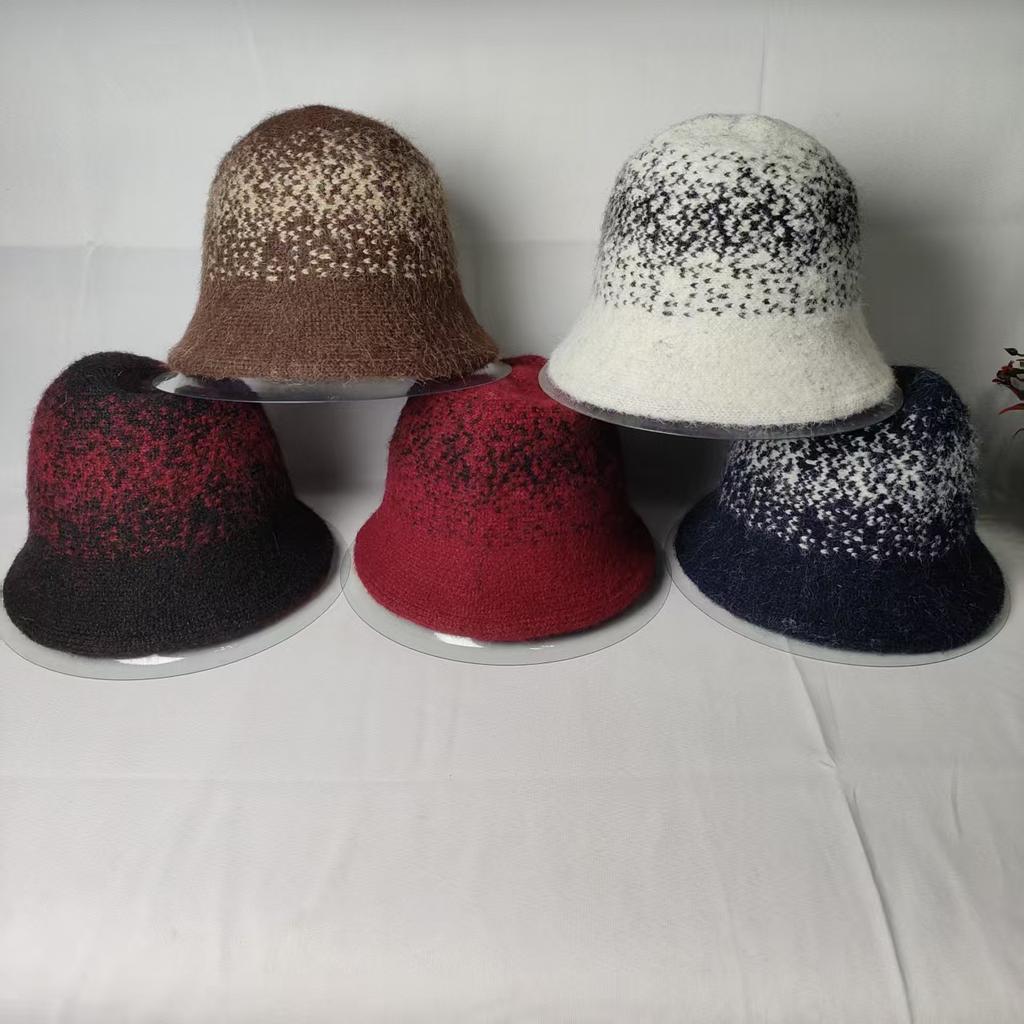 Retro Jacquard Knitted Wool Hat Women's Autumn and Winter Warm Face Bucket Hat Plain Face Small Bucket Hat