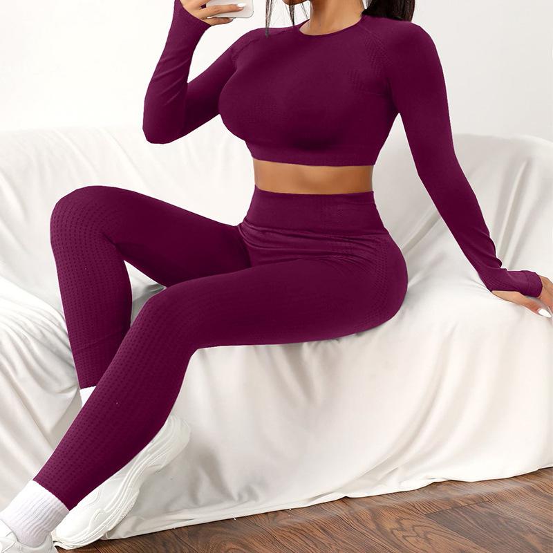 Two-piece Seamless Sports Training Suit,Long-sleeved High-waisted Round-neck Trousers Tight Leggings Women's Sportswear
