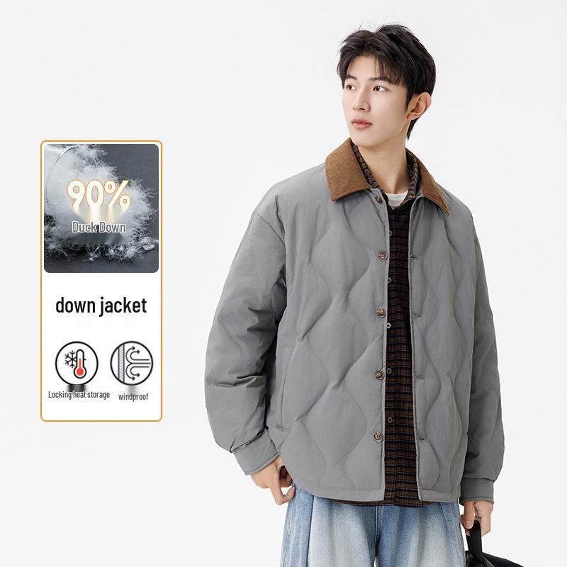 Men's Trendy American Retro Wave Pattern Duck Down Jacket - Lightweight, Warm Workwear Outerwear