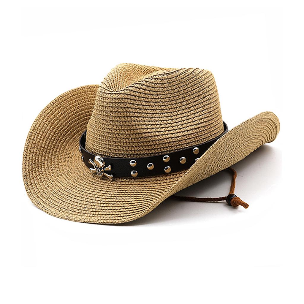 Metal Skull Decors Women Men Straw Weaving Hat for Spring Summer Elegant Lady Man Church Cosplay Hat Adjustable