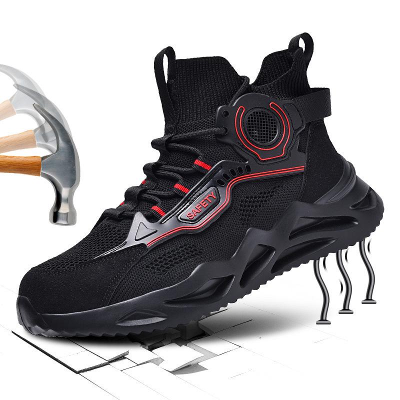 

Large size men s fly-woven high-top labor insurance shoes men s anti-smashing and stab-proof construction site wear-resistant shoes G06 black; 36