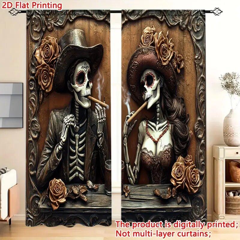 British Skull Pattern Printed Curtains Window Decorations Home Room Curtain Set Of 2 Made Polyester Washable