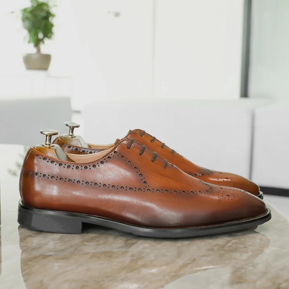 Classic Black Brown Men's Dress Shoes Business Genuine Leather Wingtip Oxfords Lace-Up Brogue Formal Shoes for Wedding Party