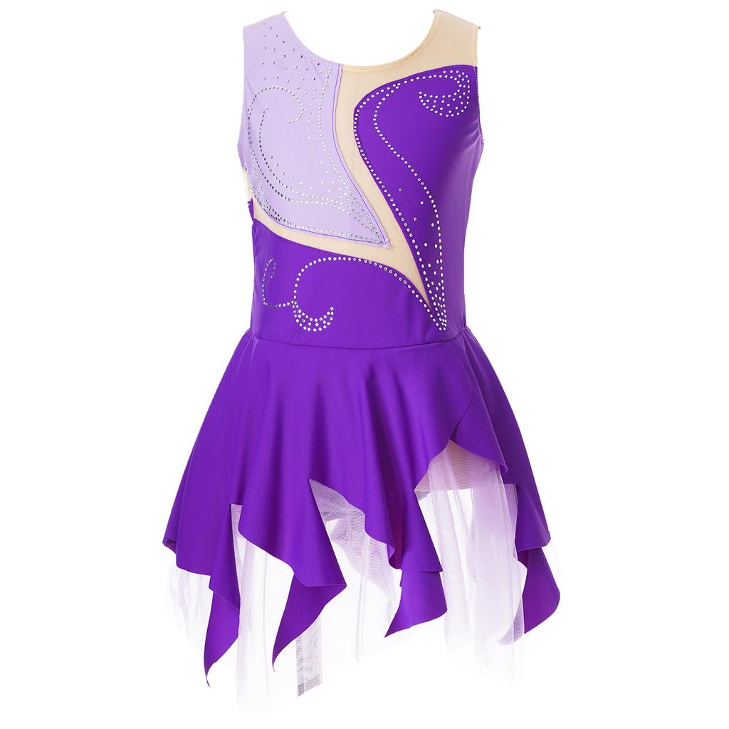 Kids Girls Rhinestone Skating Dress Sleeveless Round Neck Hollow Back Patchwork Style Figure Dance Costume