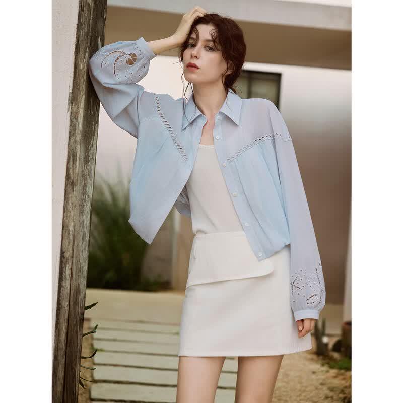 ELLE Women s Hollow-Out Embroidered Long Sleeve Shirt L