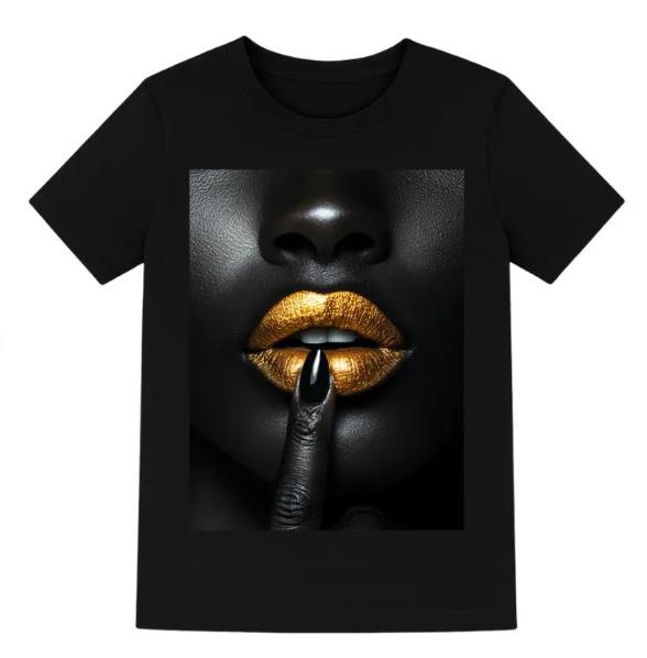 

African with Gold Lips TShirt Black Pride Afro Tee Flirty Seductive T Shirt Lipstick Shirt Fashion Wear Trendy Tee S