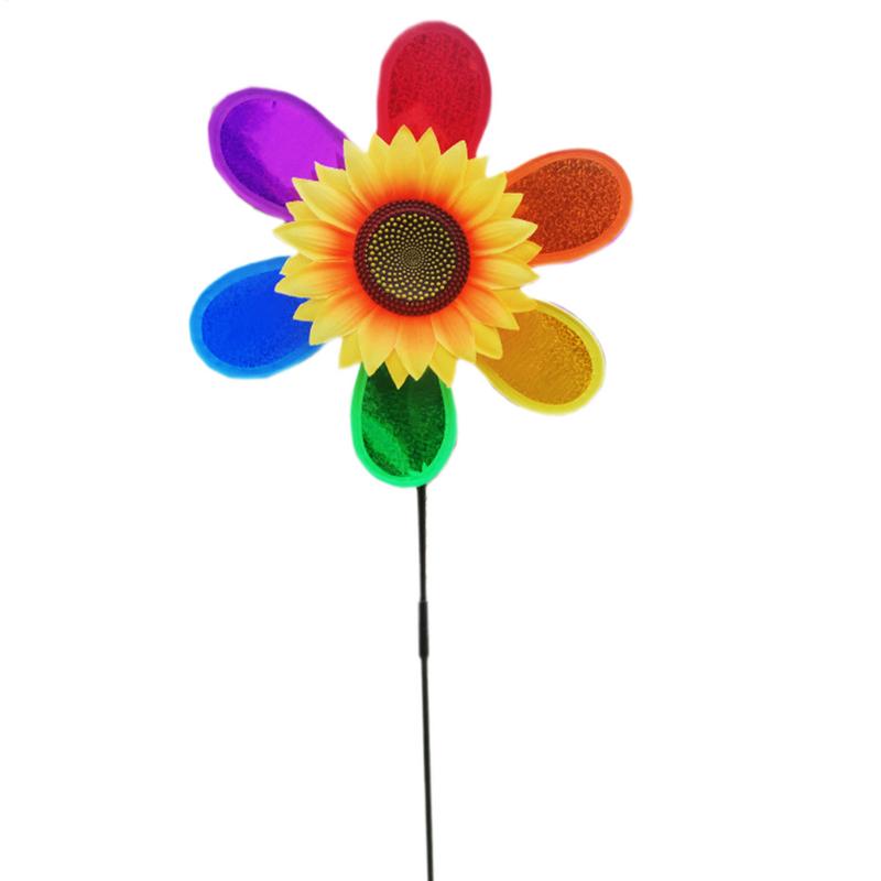 Wind Spinners Outdoor Sunflower Reflective Pinwheel Colorful Rainbow Decor Bird Scare Device for Farm Lawn House Orchard Pool