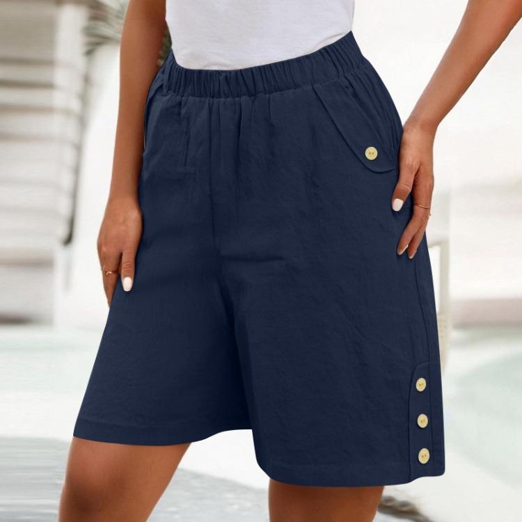 High Waisted Women's Casual Loose Bermuda Shorts With Pockets Knee Length Summer Wide Leg Linen Shorts