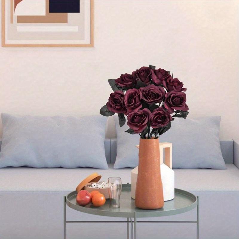 Artificial Silk Roses Bouquet with Long Stem, for Home Wedding Party Decor, Halloween Gothic Dark Arrangements, Outdoor Photo Props