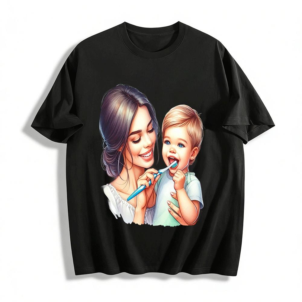 Parent-child Tooth-brushing Warm Print Casual Top For Adults & Kids Pure cotton T-shirt XXS
