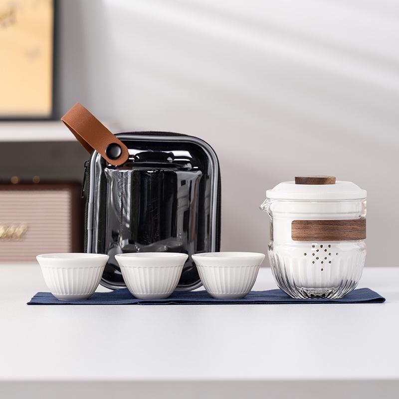 Modern simple Kung Fu travel tea set, glass filter, one pot, three cups set, high-end business commemorative gift