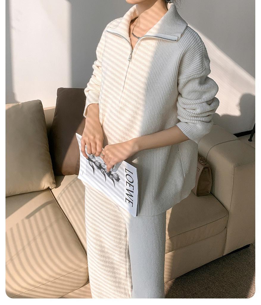 European and American style turtleneck zipper pullover sweater knitted suit women's autumn and winter loose wide-leg pants two-piece set