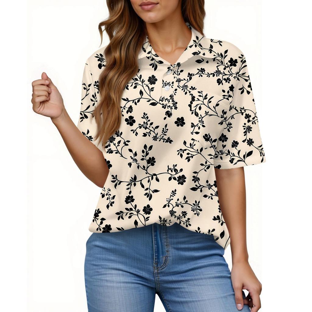 Damenmode Lässig Knopf Tasche Hemd Kurze Ärmel Druck Revers Oberteil