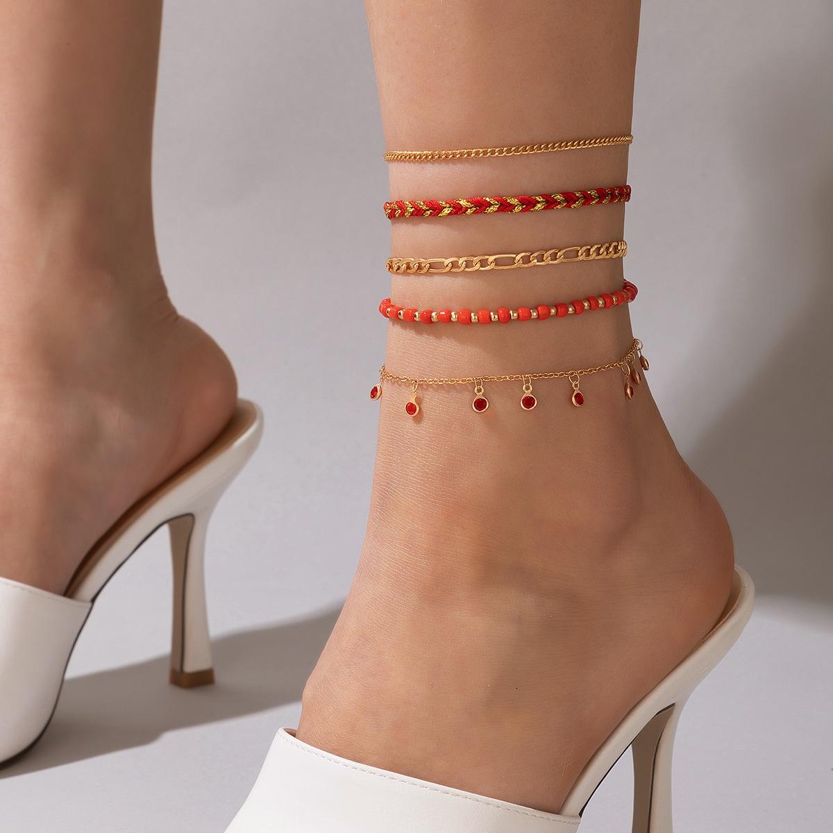 

Новый модный простой комплект из бусин в стиле бохо для женщин, универсальный индивидуальный браслет на щиколотку со стразами, плетеная цепочка