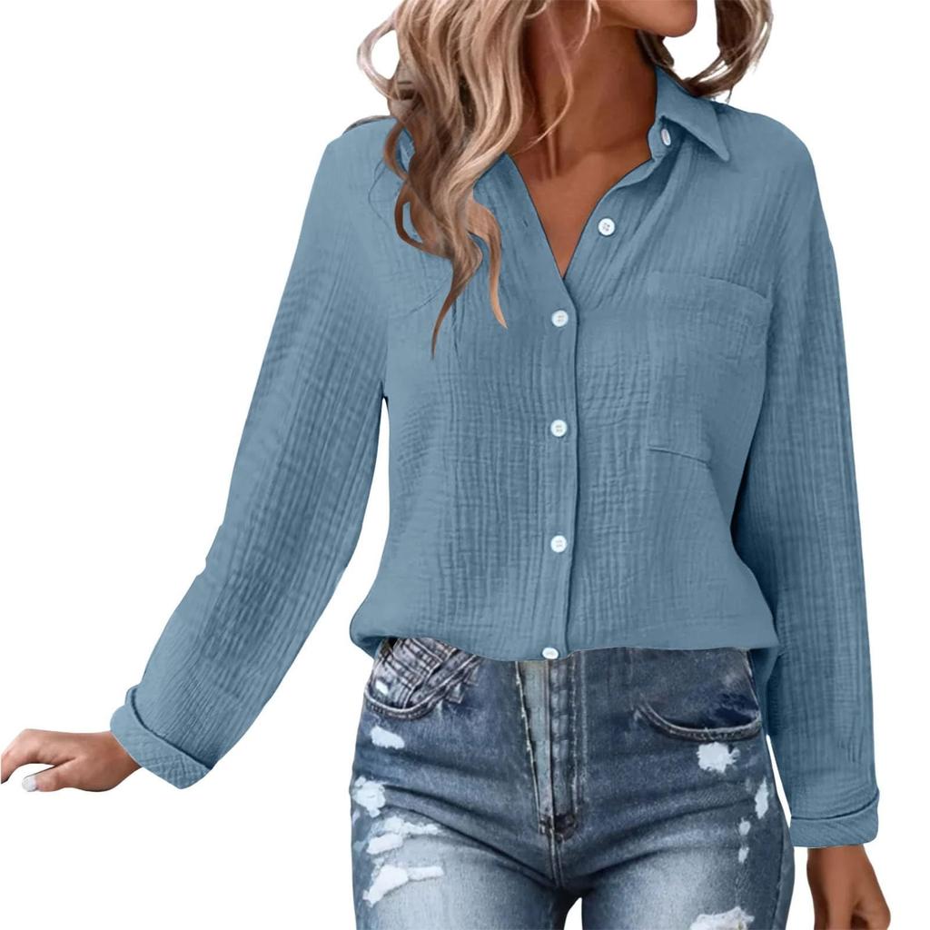 Damen Casual Mode Locker Langarm Stehkragen Einfarbig Leinenhemd