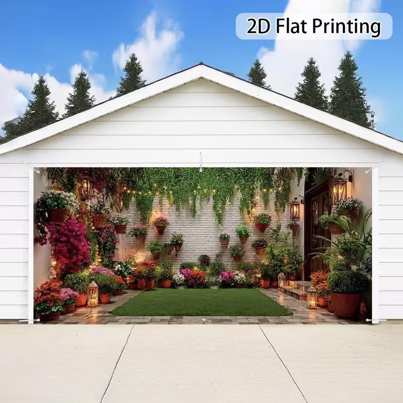 Cozy Courtyard Garden Tapestry, White Brick Wall Covered in Hanging Vines, Colorful Blooms and Warm Lanterns, Calming Boho Wall Art