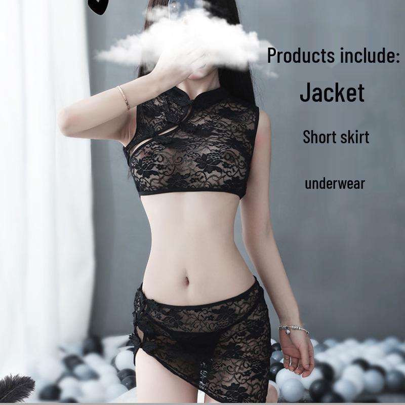 „Cămașă de noapte elegantă din plasă din dantelă brodata cu trandafiri cu bretele - 1011”