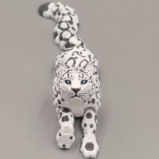 3D Printed Animal Model Realistic Snow Leopard Figurine with Flexible Joint Articulated Fidget Toy for Stress Relief