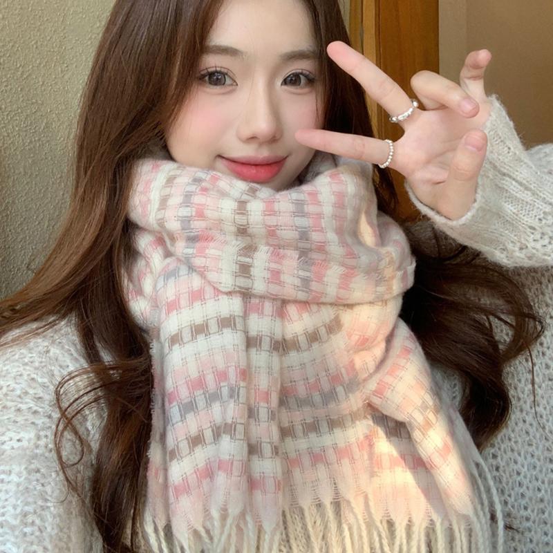 1pc 2025 Autumn And Winter New Scarf Women's Korean Style All-match Plaid Tassel Student Warm Neck Scarf