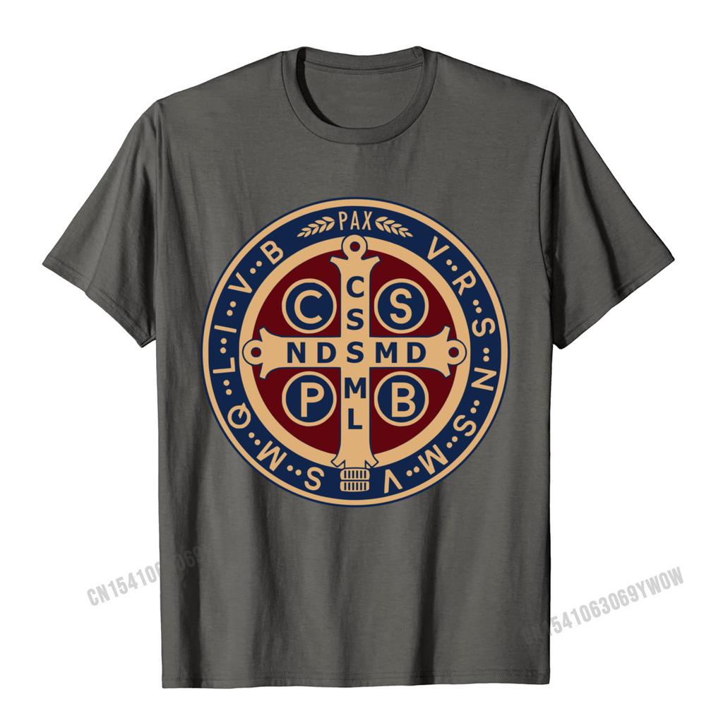 The Saint Benedict Medal Catholic Pullover Tees Camisas Men Slim Fit Mens T Shirt Printed T Shirt Cotton Geek