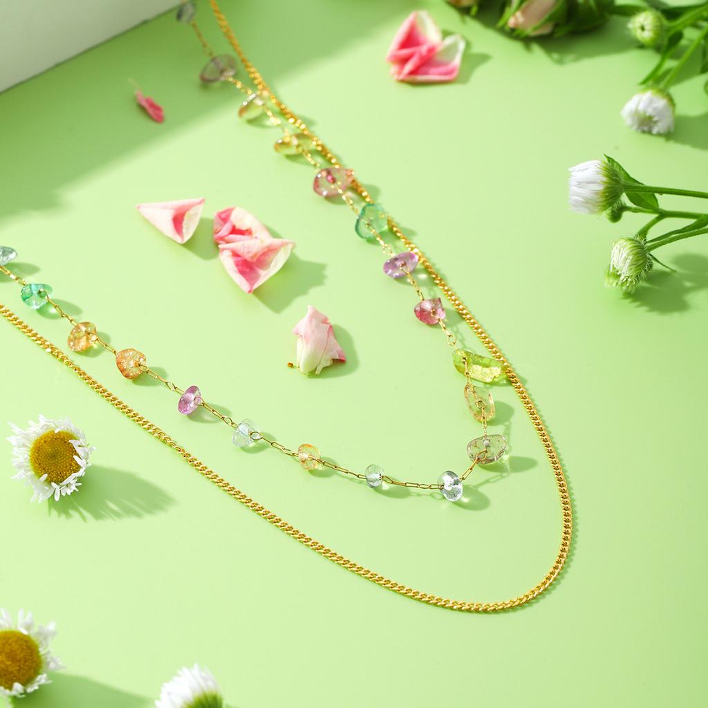 French light luxury colorful natural stone double-layer stainless steel necklace niche elegant clavicle chain
