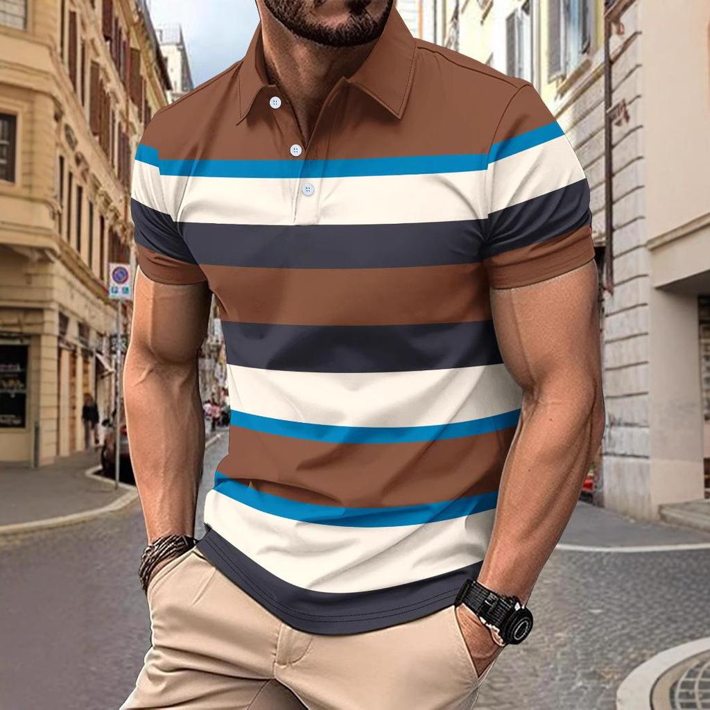 Fashion Men's Casual Polo Shirt V-neck Button Down Business Striped Versatile T-shirt Tops