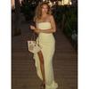 New Solid Color Imperial Sister One-word Collar Contrasting Color Chest Wrap Waist Split Dress Women's Clothing