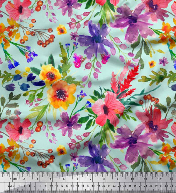 Soimoi Japan Crepe Satin Fabric Flower & Leaves Watercolor Decor Fabric Printed metre 42 Inch