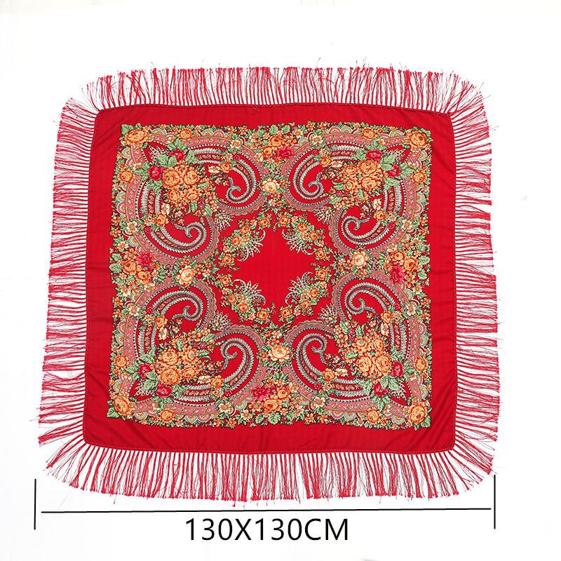 Square Shawl Flower Scarf For Women'S Large-Sized Hijab Retro Printed Tassels Warp Warm Autumn And Winter Cape Bufandas Poncho