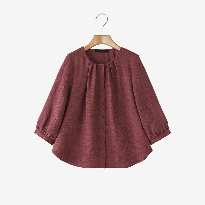 ZANZEA Women Casual Round Neck Solid Color 3/4 Sleeve Loose Blouse