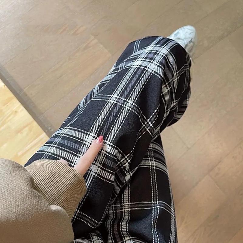 Women's Winter Casual Cashmere Plaid Slim Pants Female Plush Thickened Versatile Loose High Waist Wide Leg Pants