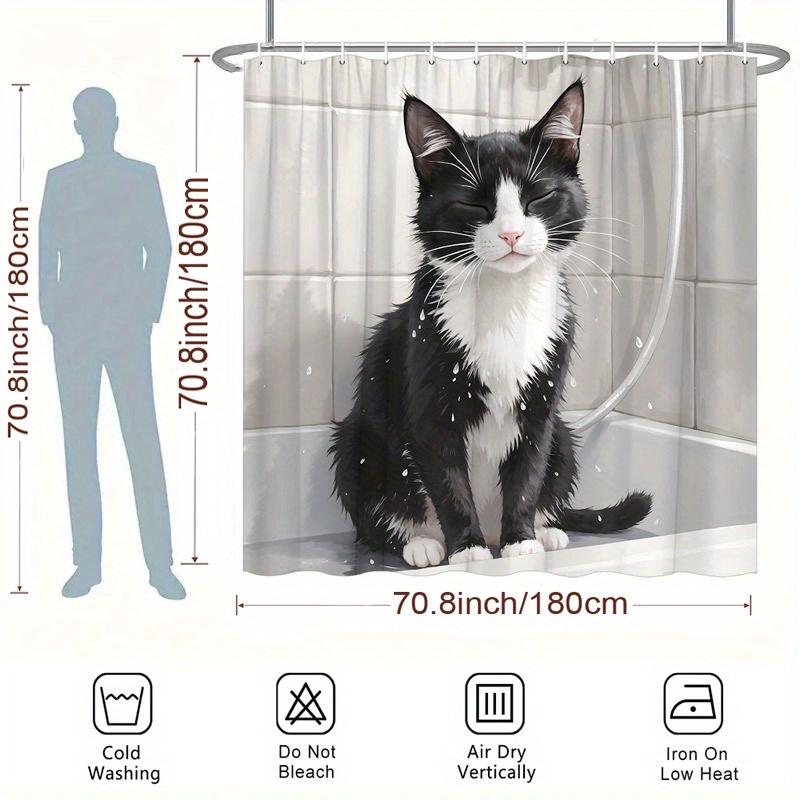 1pc Whimsical Black & White Cat Shower Curtain - Water Droplets, Monochrome Style, Durable Polyester, 12 Hooks, Easy Care