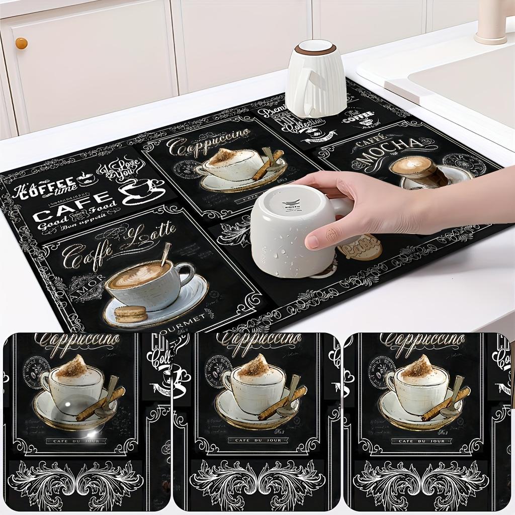 1ks Gumová sušicí podložka s retro kávovým nádobím Pro kavárny Restaurace Kuchyň Kobercové nádobí Odolné Diatom Mud Stolní podložka Pet Mat Coffee