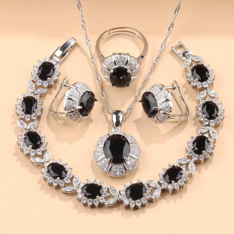 Luxury Emerald Green Cubic Zirconia Jewelry Set - 4pcs 925 Silver Necklace Earrings Ring Bracelet Bridal Wedding Party Accessory