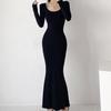 Sexy Long Dress Women's High Waist and Thin Buttocks Fishtail Skirt Chic Autumn Temperament Round Neck New Dress