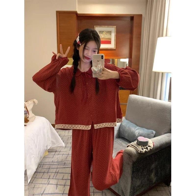 Korean Palace Red Polka Dot Floral Lace Collar Long Sleeve Pajama Set