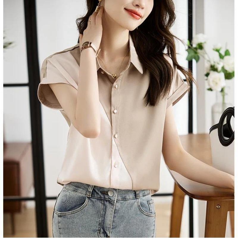 New Summer Women's Fashionable Slim Short-sleeved Lapel Contrast Satin Shirt