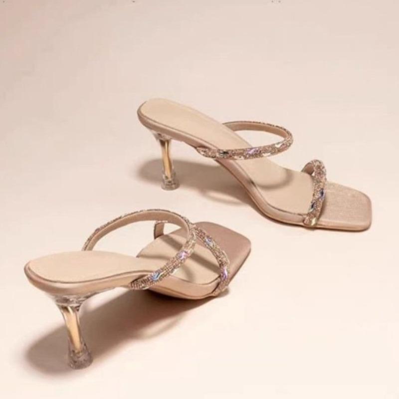 Fashion Summer Fashion Stiletto Slippers Square Open Toe Glitter Thin Strap Set Foot Anti-slip Wear-resistant Heels