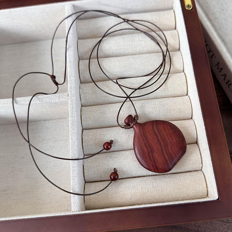 Retro Ethnic Wood Gourd Pendant Necklace - Adjustable Drawstring Sweater Chain