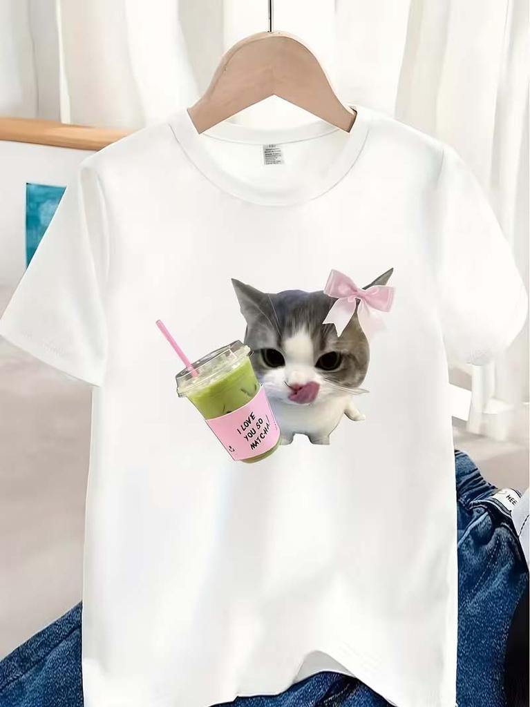 Unisexs Tshirt With Cute Cat Drinking Milk Tea Patternsummer Shirt Birthday Party Tops Or Everyday Play Outfiplayful Design