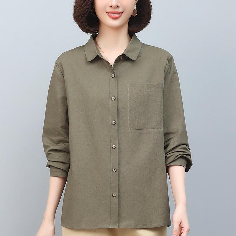 Plus Size Cotton Linen Long Sleeve Shirt for Middle-Aged Women - 2024 Spring & Autumn Fashion Mother's Top