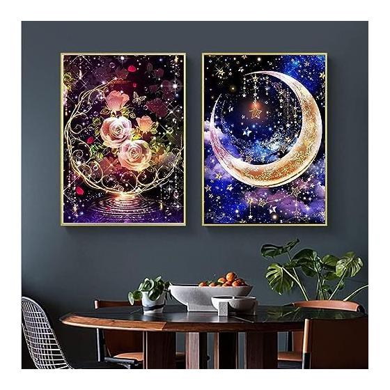 2 Pieces Diamond Art Kit 5D Diamond Painting Moon Handmade Painting Craft Kit Full Paste Type DIY Beginner Adult Children 30x40cm