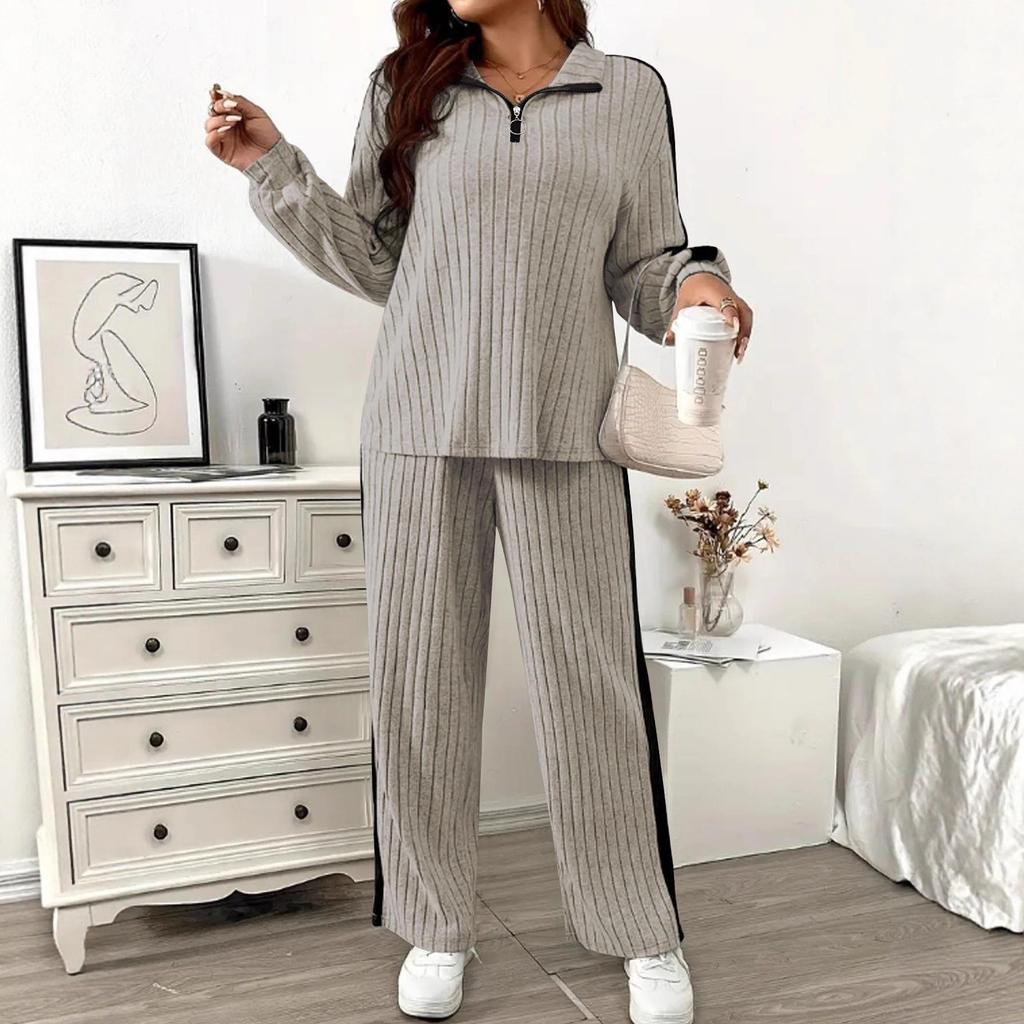 TUME Plus Size Ribbed Hoodie & Wide Leg Pants - Women's Autumn/Winter Casual Fashion Two-Piece Set