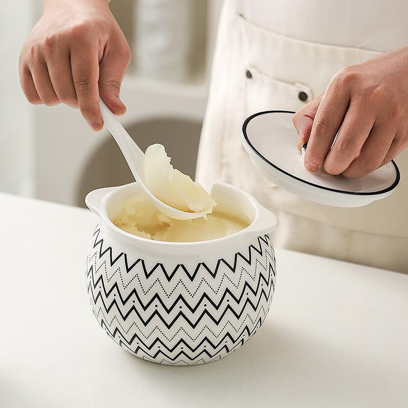 Japanese Striped Ceramic Lard Jar 1.4L Large Capacity Porcelain Spice Jar High Temperature Resistant Oil Bottle Kitchen Supplies
