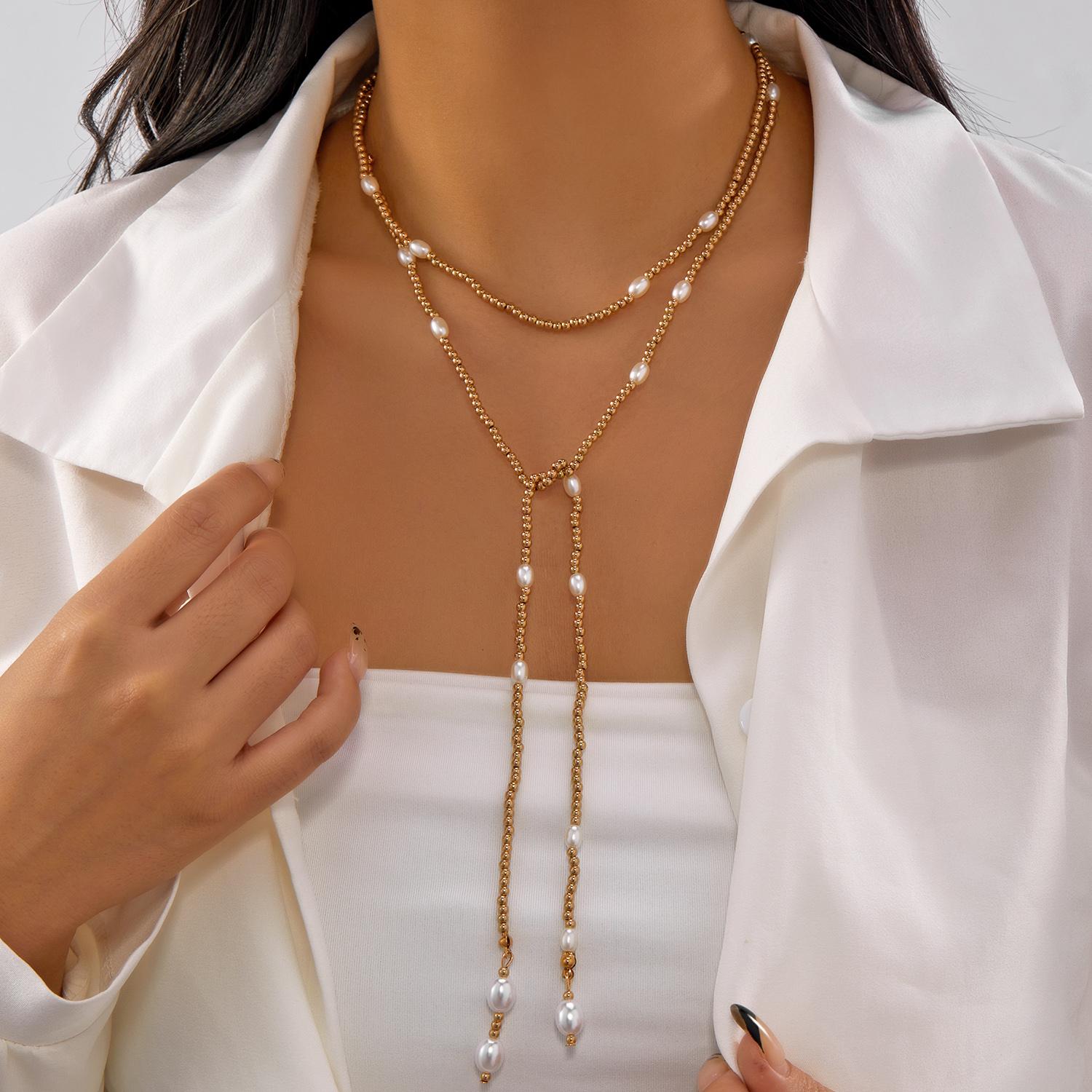 

Handmade Irregular Imitation Pearl CCB Necklace for Women Vintage Gold Color Beaded Long Sweater Chain Necklace Jewelry Gift