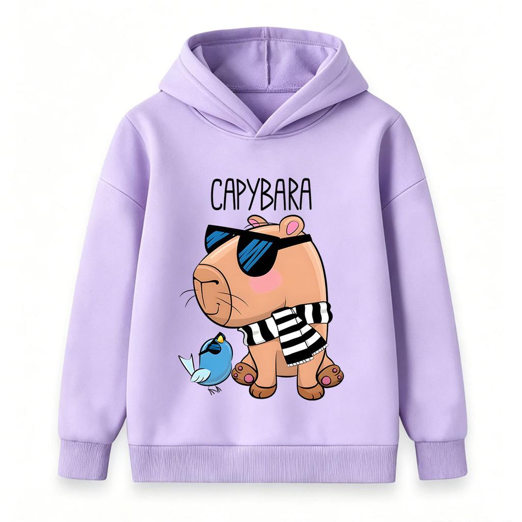 Kids Boys Girls Pullover Hoodie, Cool Capybara Wearing Sunglasses Print Casual Hooded Sweatshirt, Cute Blue Bird Pattern Soft Warm Lightweight Top