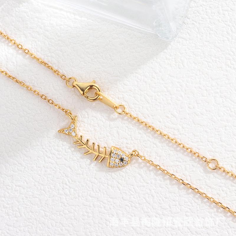 

Sterling Silver s925 Fishbone Necklace - Trendy Four-Eyed Design золотой