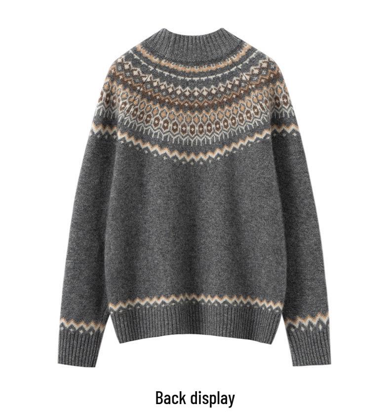 2025 Women's Fair Isle Cashmere Sweater: Autumn/Winter Knit Half-High Collar Loose Fit