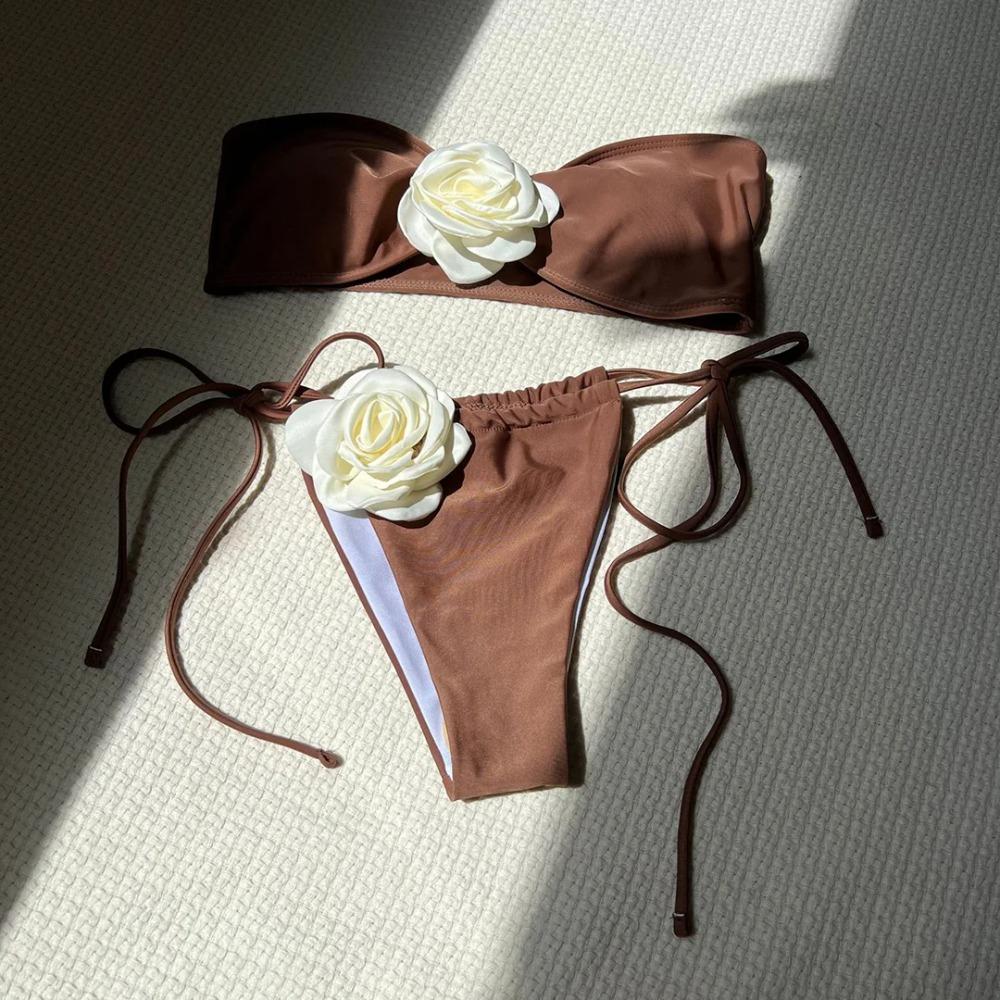 14 Colors 3D Flowers Bandeau High Cut Bikini Female Swimsuit Women Swimwear Two-pieces Bikini Set Bather Bathing Suit Swim K5265