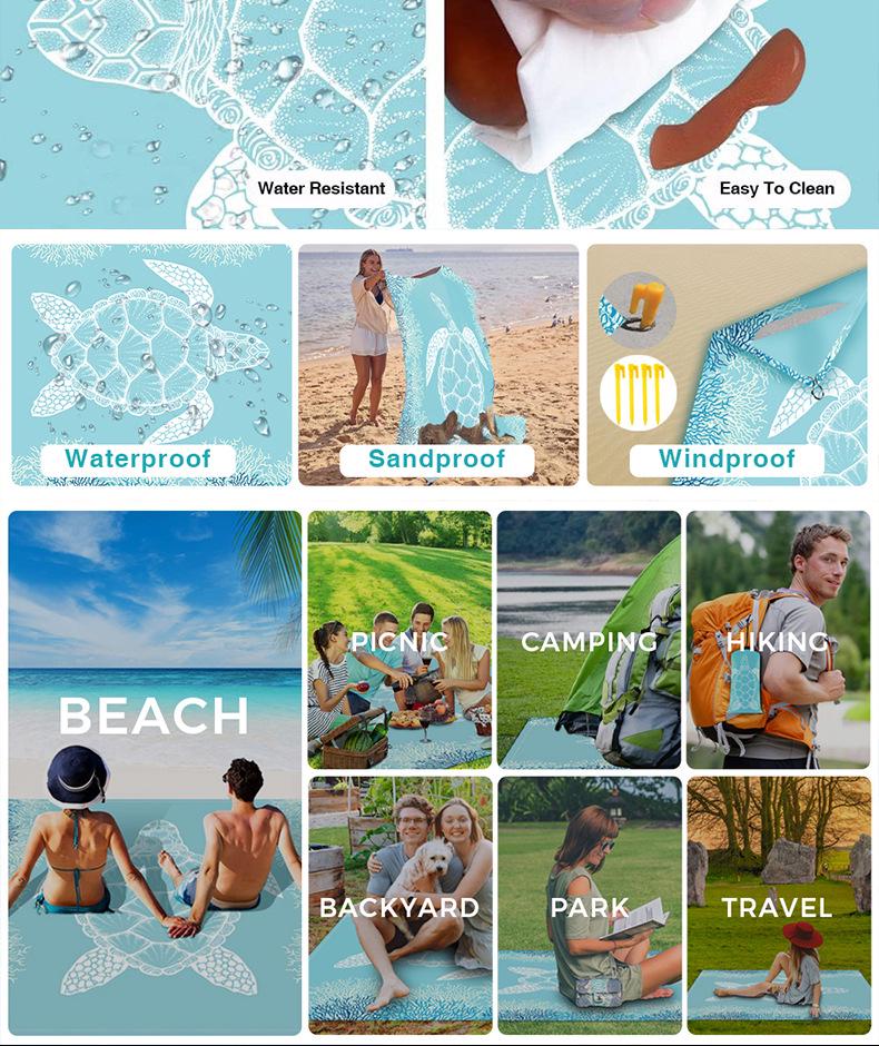 Sea Turtle Beach Mat: Waterproof, Sandproof, Portable, Quick-Drying, Seats 4-6 for Outdoor Camping & Picnic.